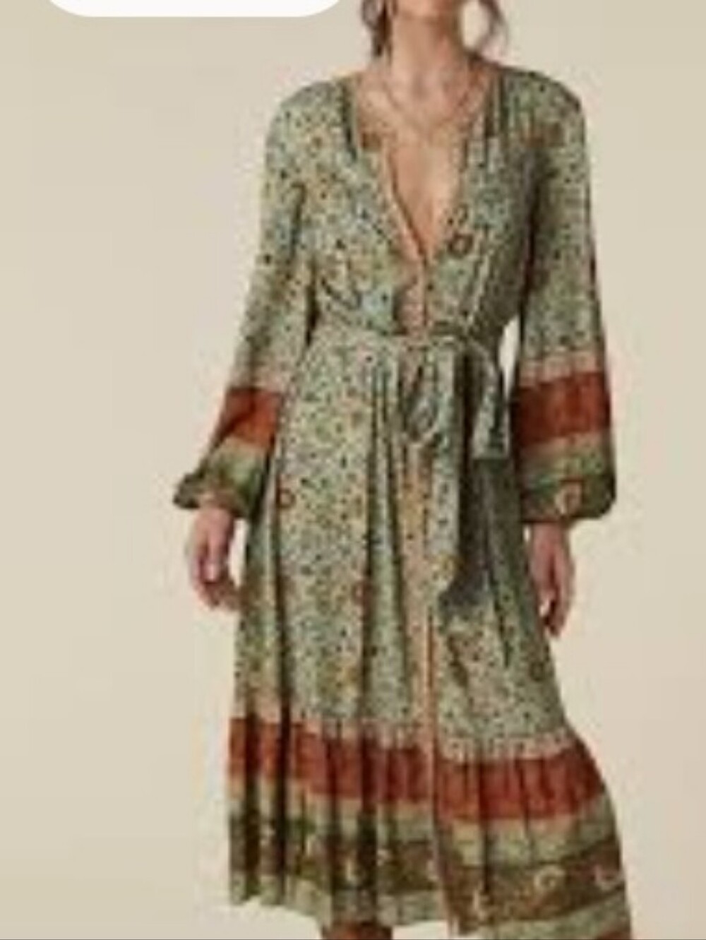 Spell Olive & Rust Floral Tie-Waist Viscose Midi Dress - Picture 2 of 8